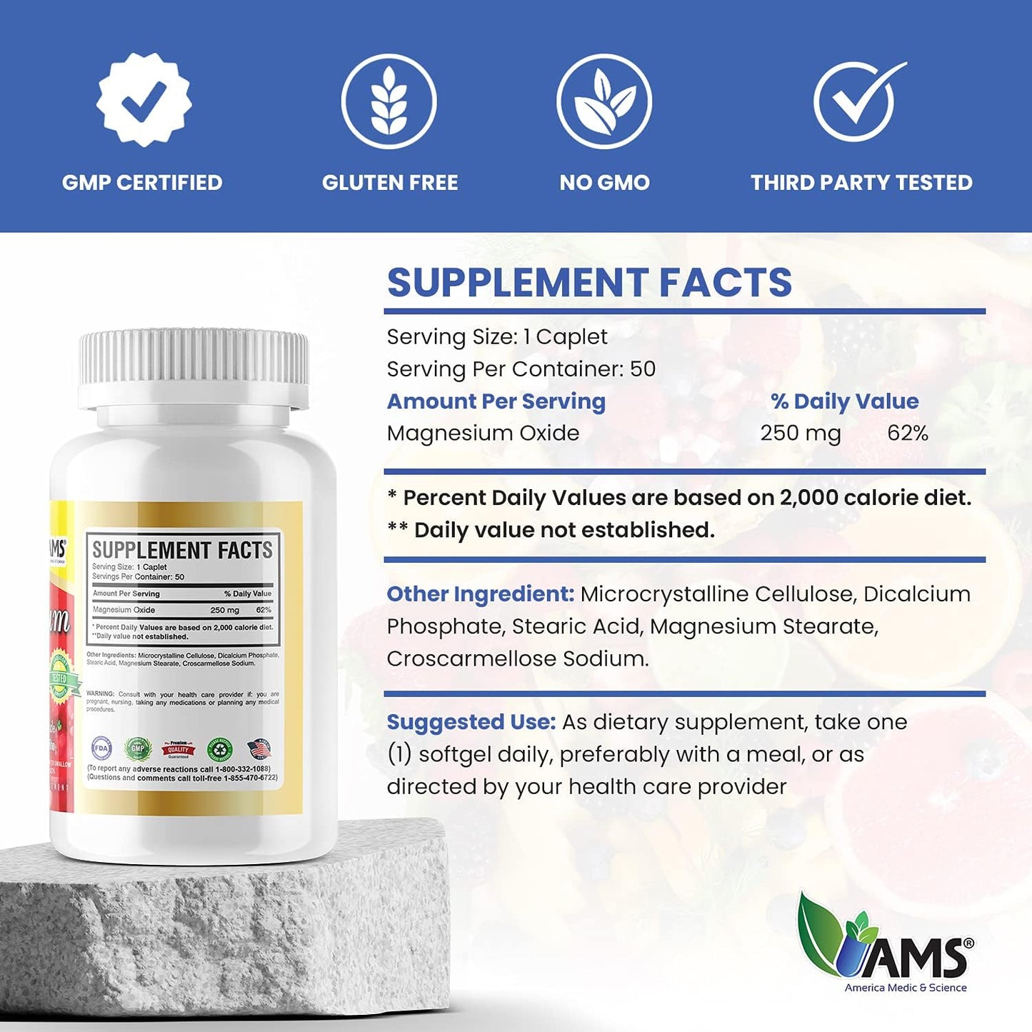 Magnesium Oxide Supplement 250mg (50 Caplets) for Nerve & Muscle Health - America Medic & Science - 1 Bottle Pack - Men & Women - Exercise Performance Booster