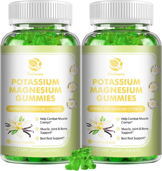 Magnesium Potassium Supplement Gummies with Omega 3, B6, D3, K2 & Calcium - 120 Gummies for Sleep, Leg Cramps & Muscle Relaxation