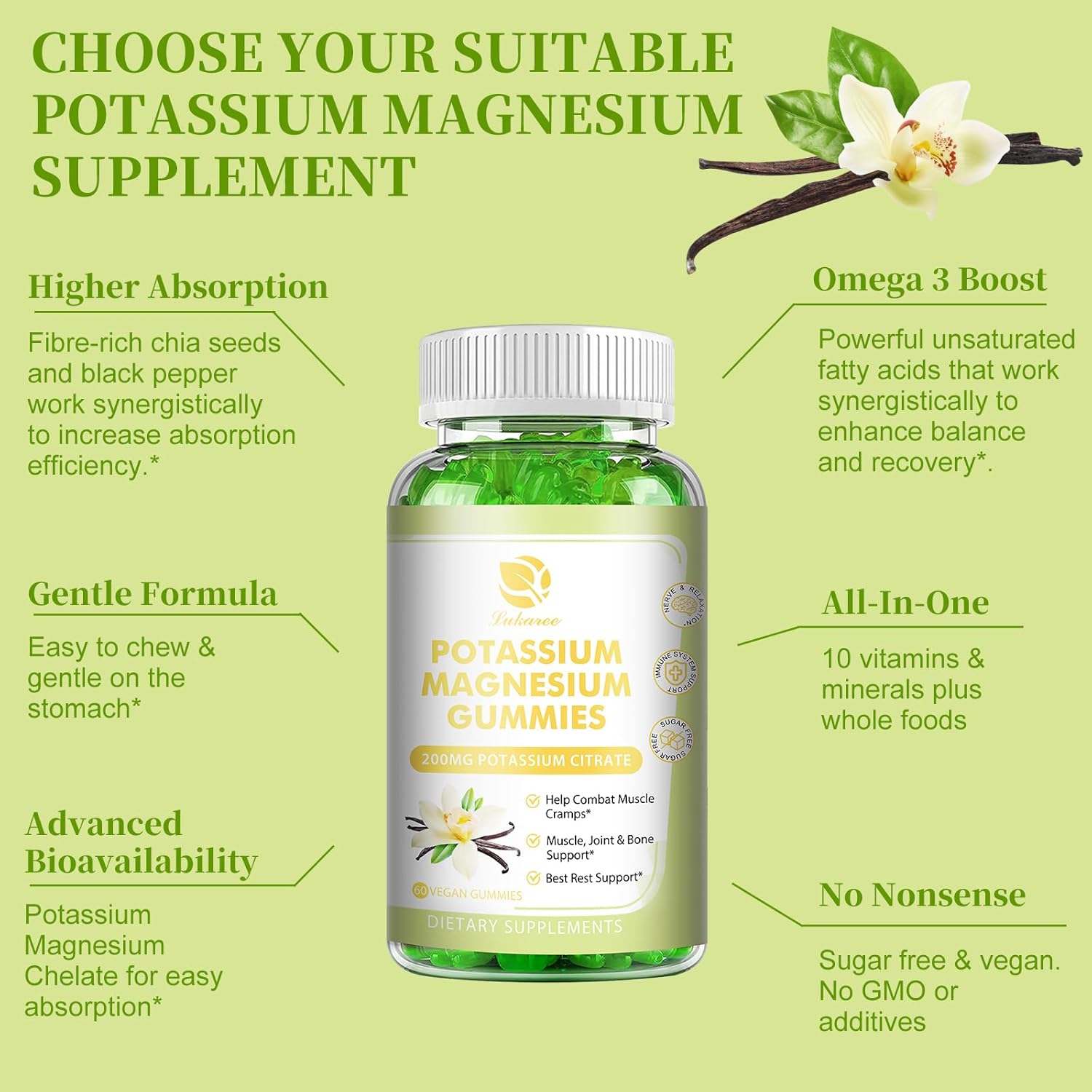 Magnesium Potassium Supplement Gummies with Omega 3, B6, D3, K2 & Calcium - 120 Gummies for Sleep, Leg Cramps & Muscle Relaxation