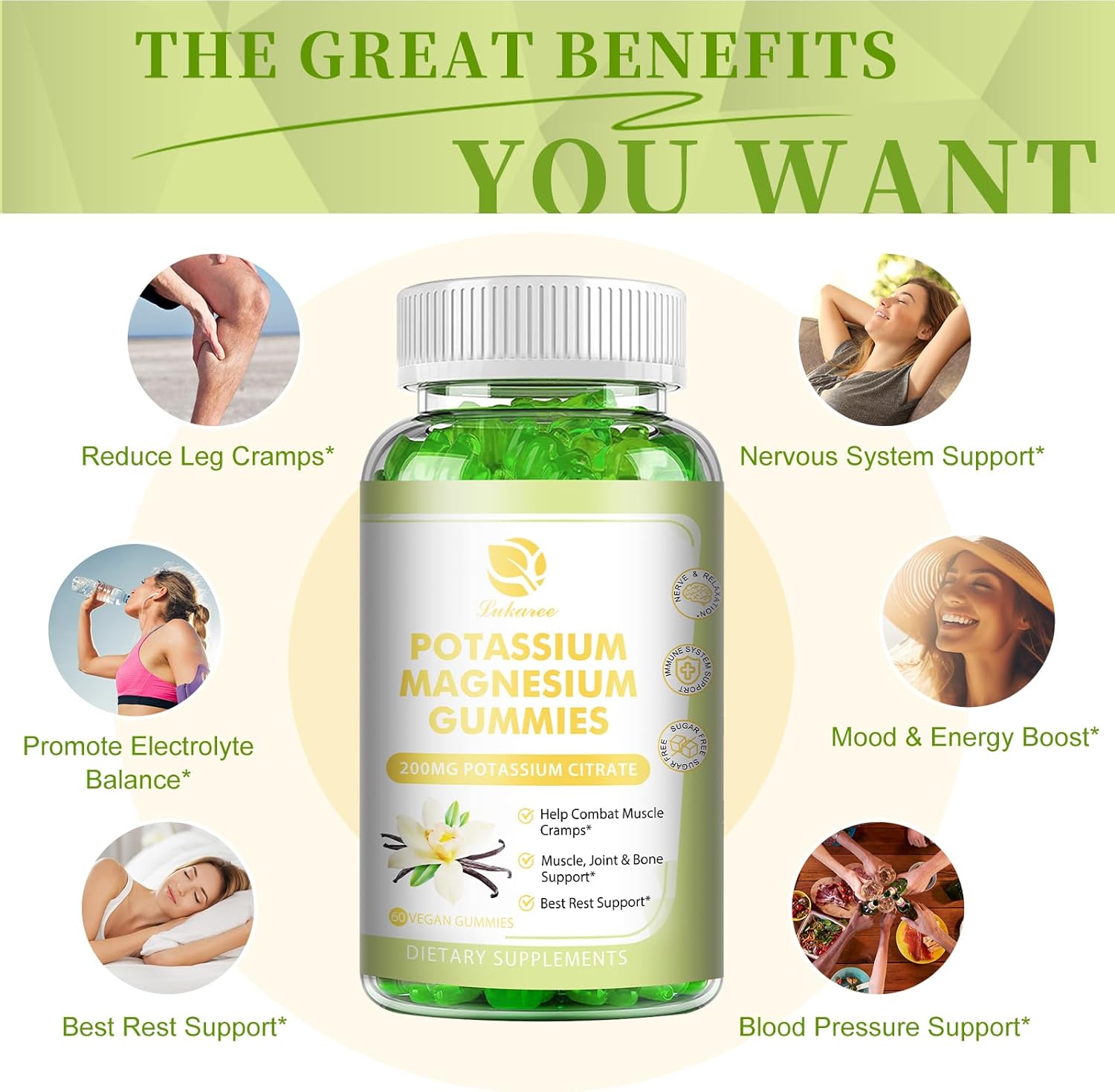 Magnesium Potassium Supplement Gummies with Omega 3, B6, D3, K2 & Calcium - 120 Gummies for Sleep, Leg Cramps & Muscle Relaxation