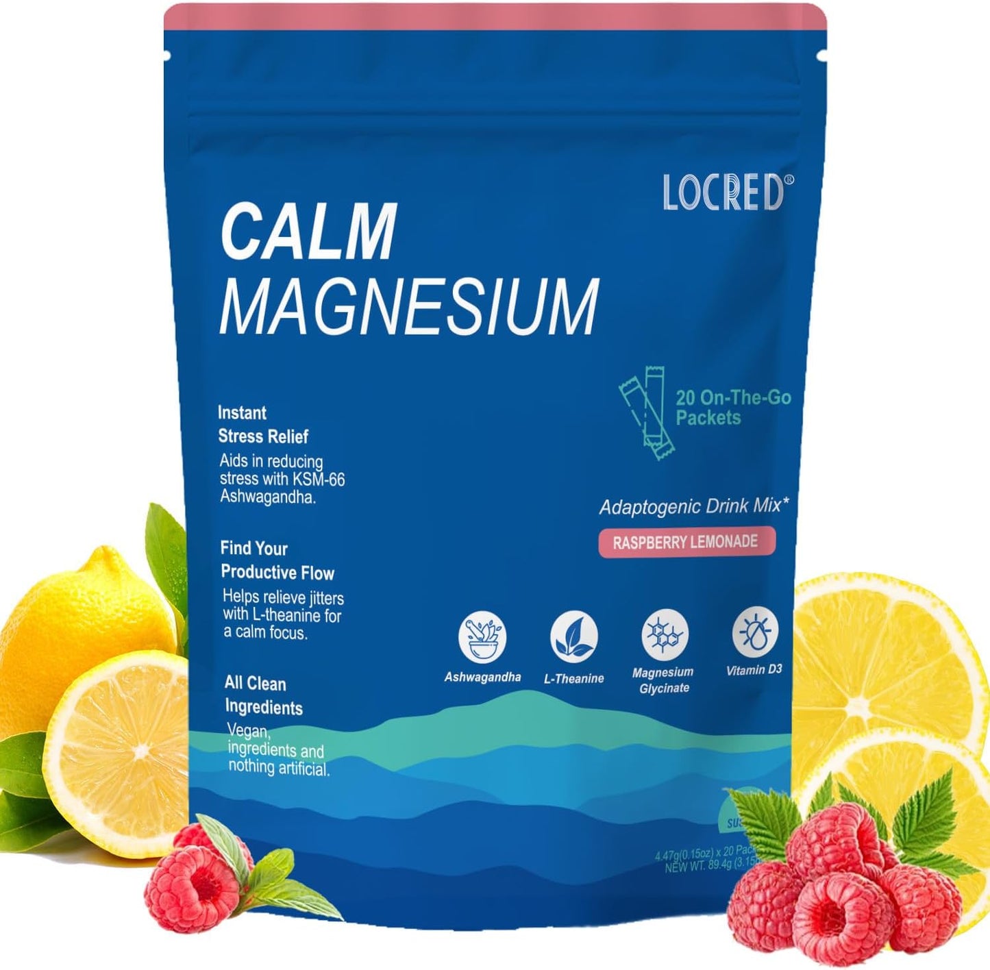 Magnesium Powdered Drink Mix with L-Theanine, Ashwagandha & Vitamin D for Sleep & Anxiety Relief - 20 Packets, Non-GMO & Sugar-Free