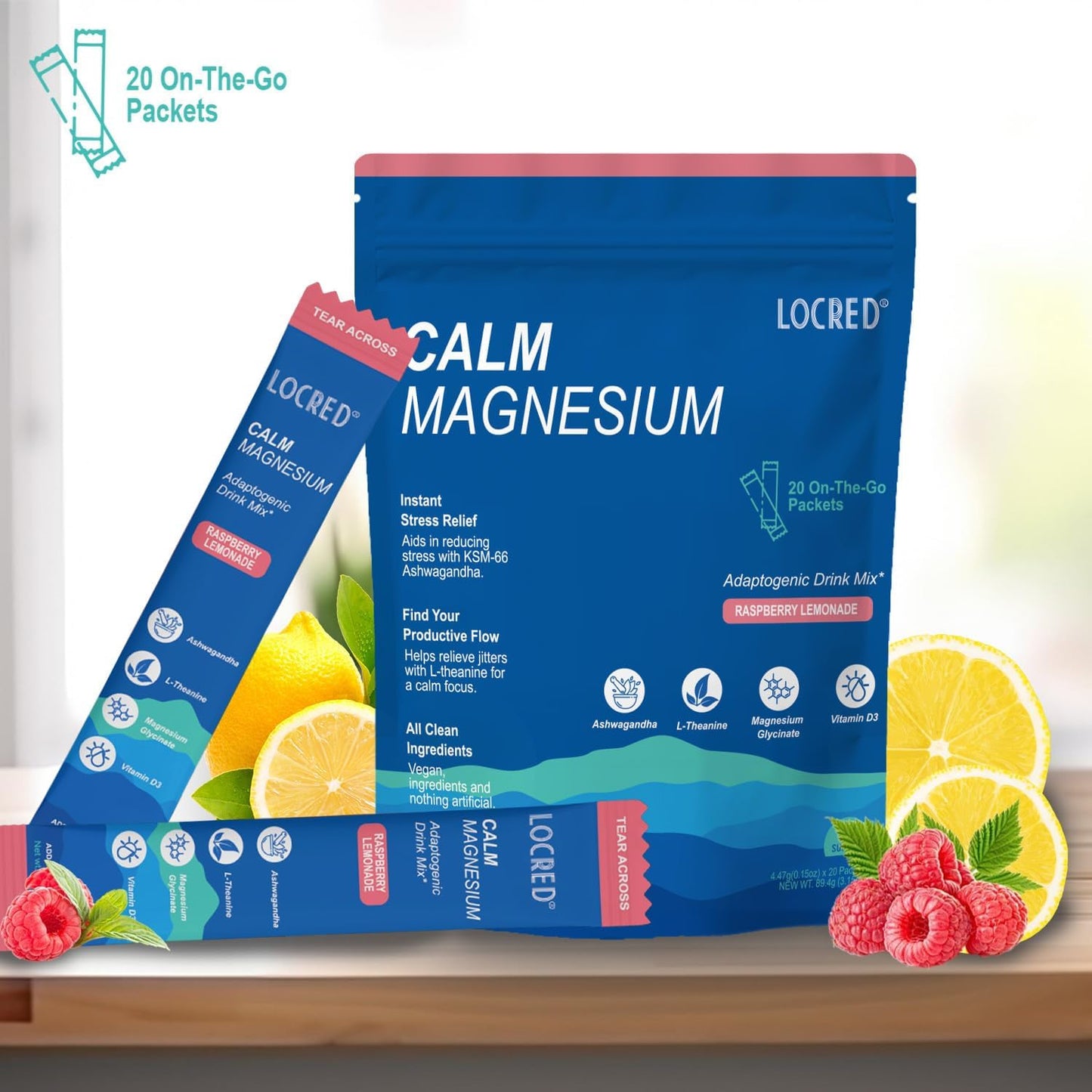 Magnesium Powdered Drink Mix with L-Theanine, Ashwagandha & Vitamin D for Sleep & Anxiety Relief - 20 Packets, Non-GMO & Sugar-Free