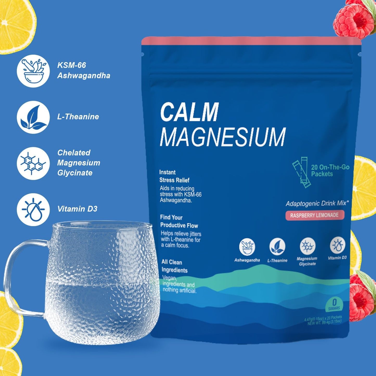 Magnesium Powdered Drink Mix with L-Theanine, Ashwagandha & Vitamin D for Sleep & Anxiety Relief - 20 Packets, Non-GMO & Sugar-Free