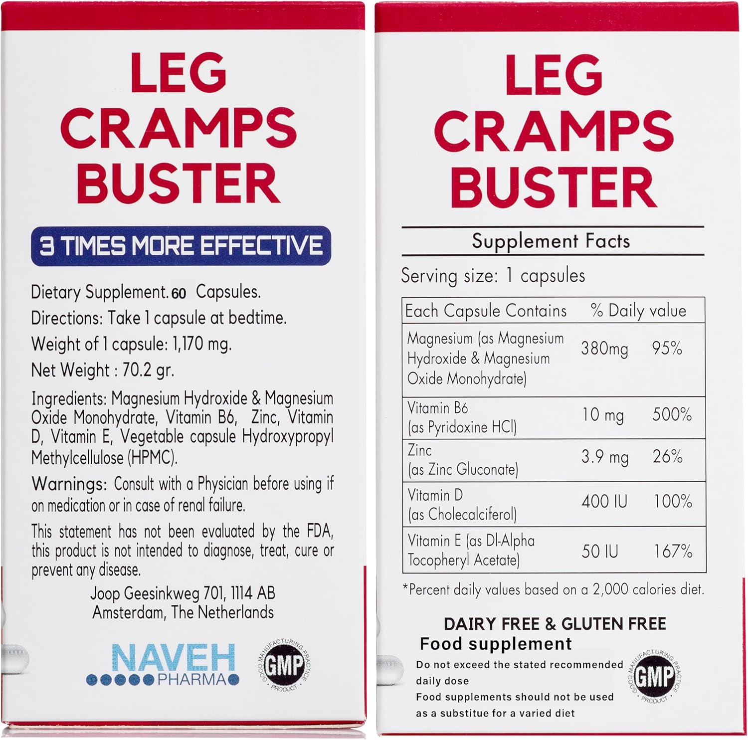 Magnesium Supplement for Leg Cramps Relief | 380mg for Nighttime Cramps | Dead Sea Minerals for Muscle Spasms | 3X Absorption | 60 Capsules