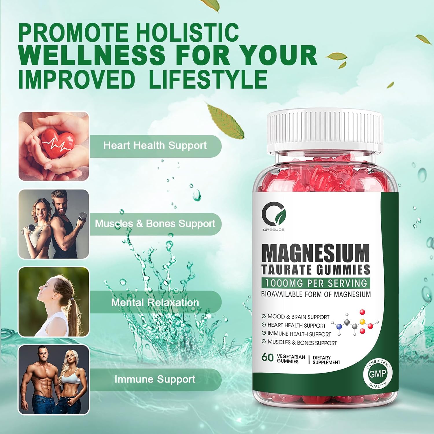 Magnesium Taurate Gummies with Magnesium Glycinate & Citrate - Heart Health, Muscle Function, Mood Support - Vegetarian, Non-GMO