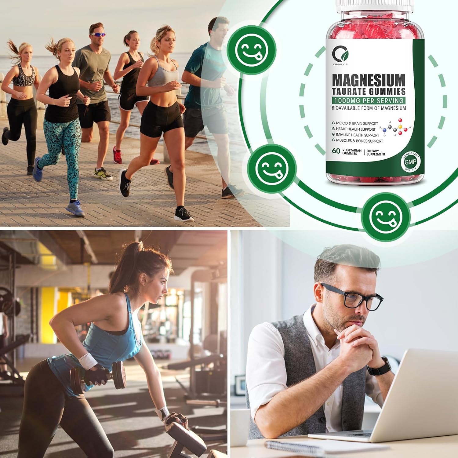 Magnesium Taurate Gummies with Magnesium Glycinate & Citrate - Heart Health, Muscle Function, Mood Support - Vegetarian, Non-GMO
