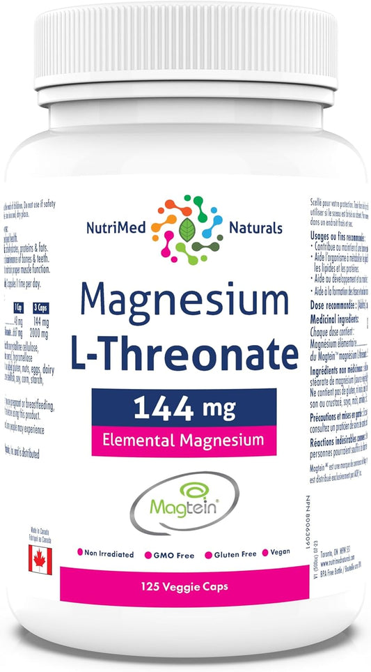 Magtein Magnesium L-Threonate Capsules 144mg - 125 Count - Nutrimed Naturals - 3rd Party Tested
