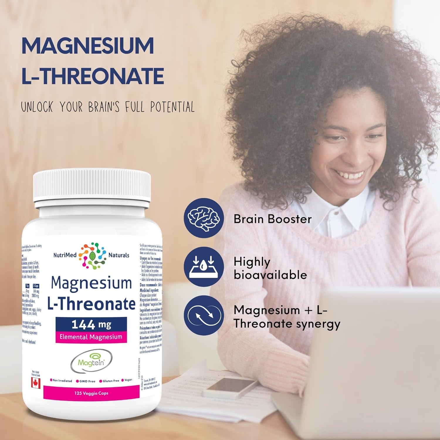Magtein Magnesium L-Threonate Capsules 144mg - 125 Count - Nutrimed Naturals - 3rd Party Tested