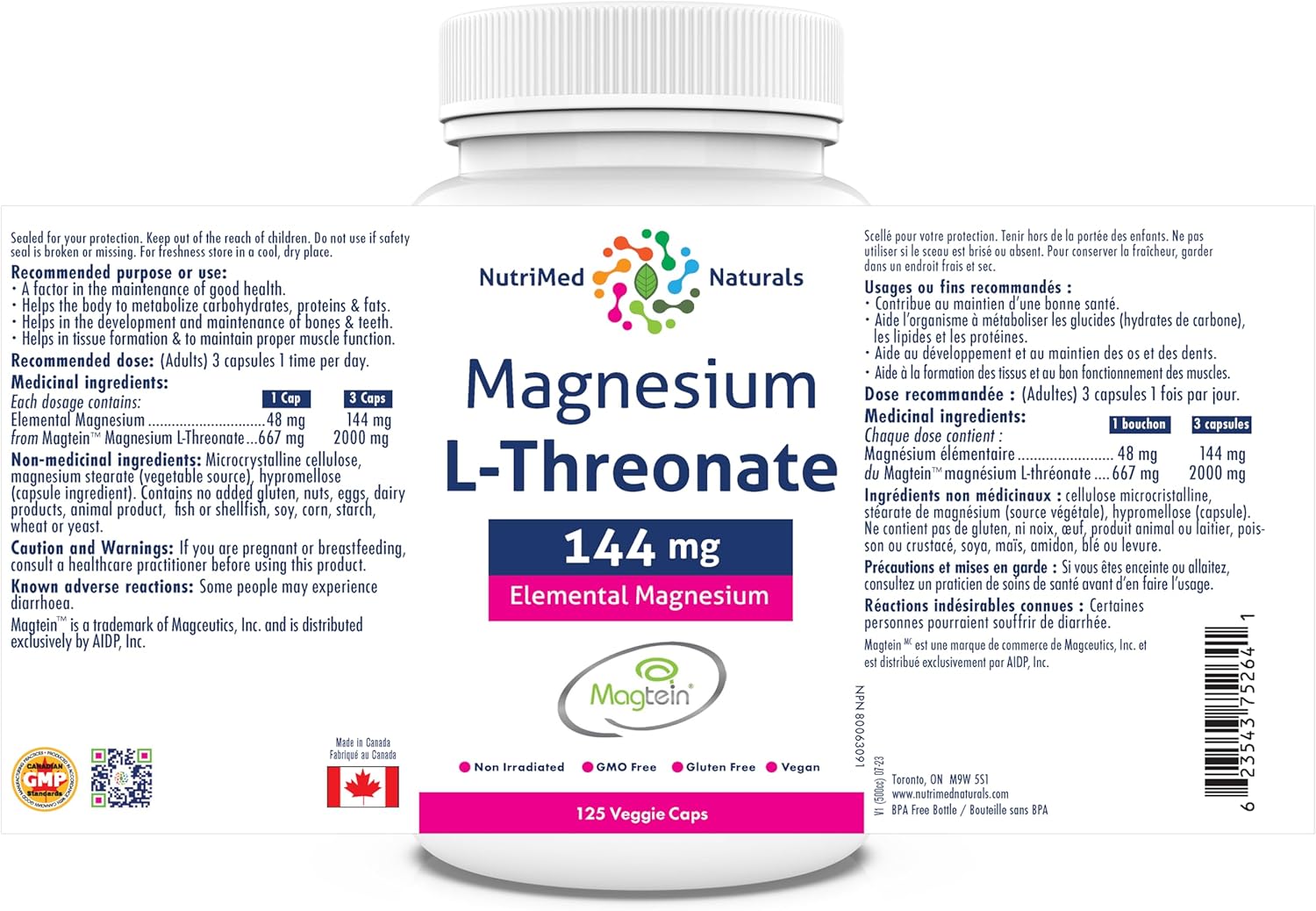 Magtein Magnesium L-Threonate Capsules 144mg - 125 Count - Nutrimed Naturals - 3rd Party Tested