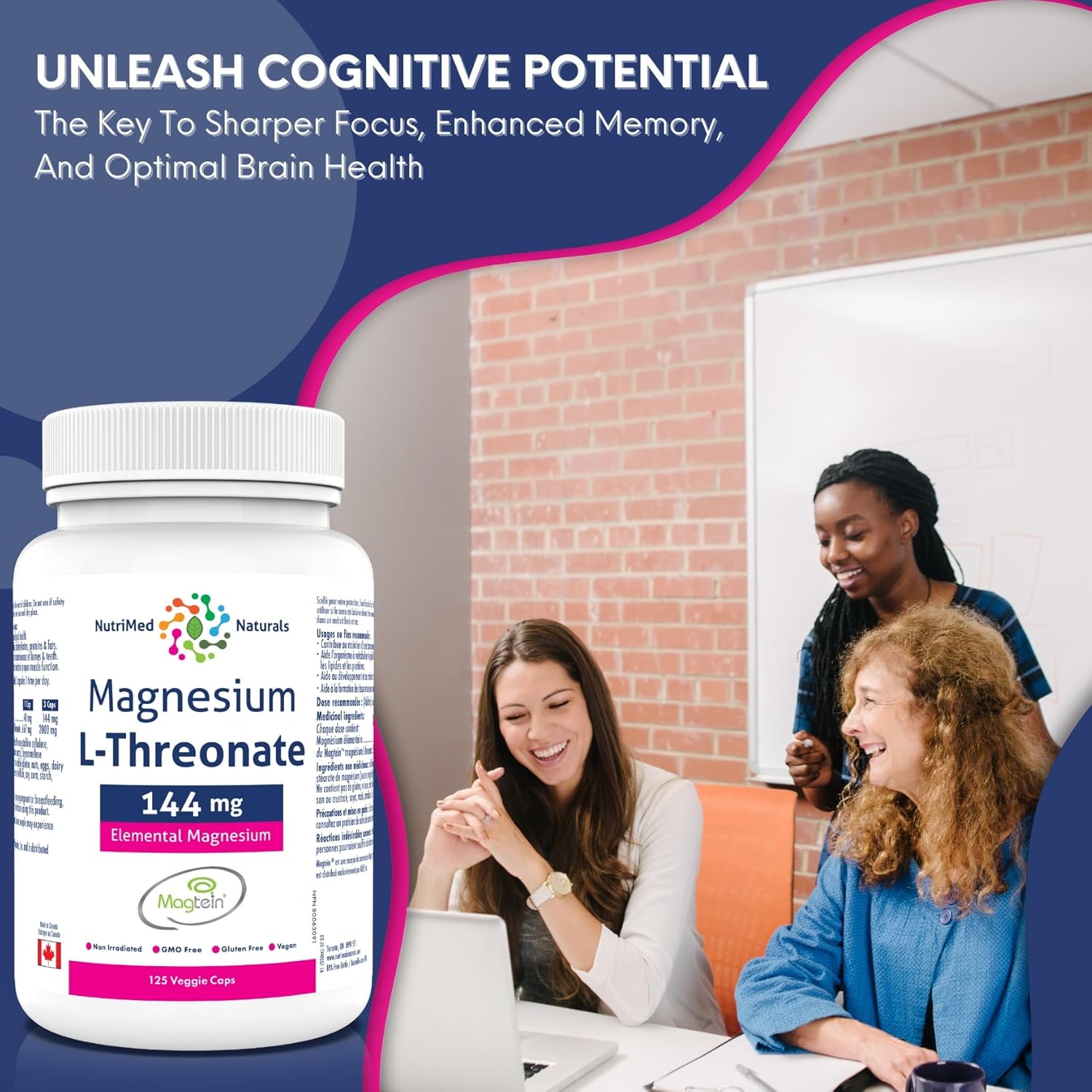 Magtein Magnesium L-Threonate Capsules 144mg - 125 Count - Nutrimed Naturals - 3rd Party Tested