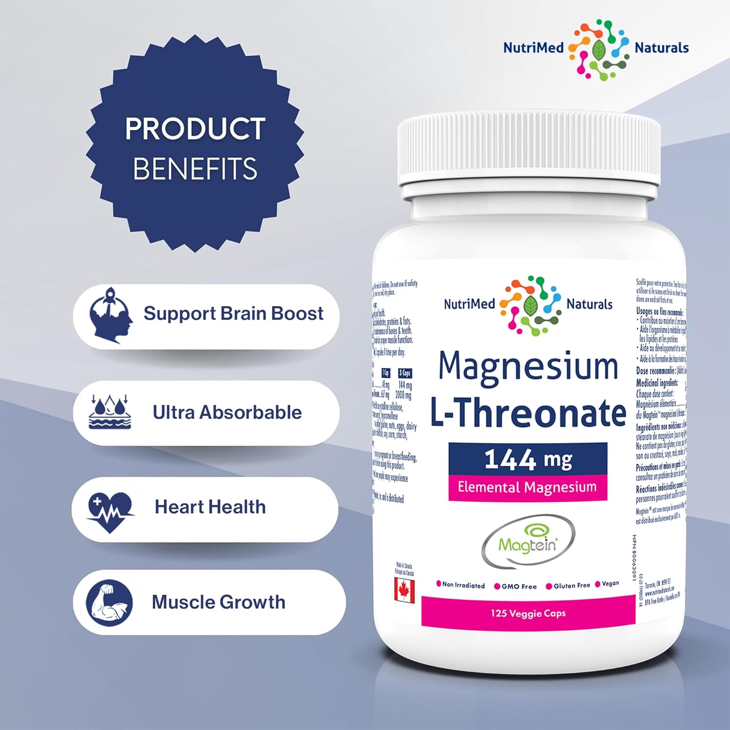 Magtein Magnesium L-Threonate Capsules 144mg - 125 Count - Nutrimed Naturals - 3rd Party Tested