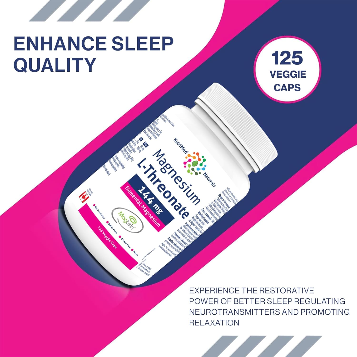 Magtein Magnesium L-Threonate Capsules 144mg - 125 Count - Nutrimed Naturals - 3rd Party Tested