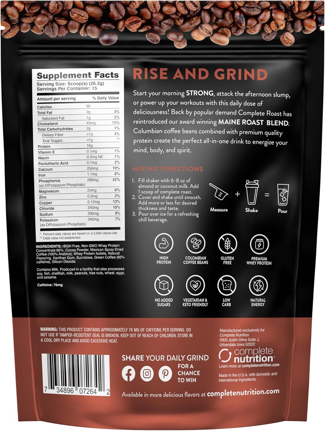 Maine Roast Blend Gourmet Protein Coffee - Mocha Latte Flavor - Complete Nutrition Blend