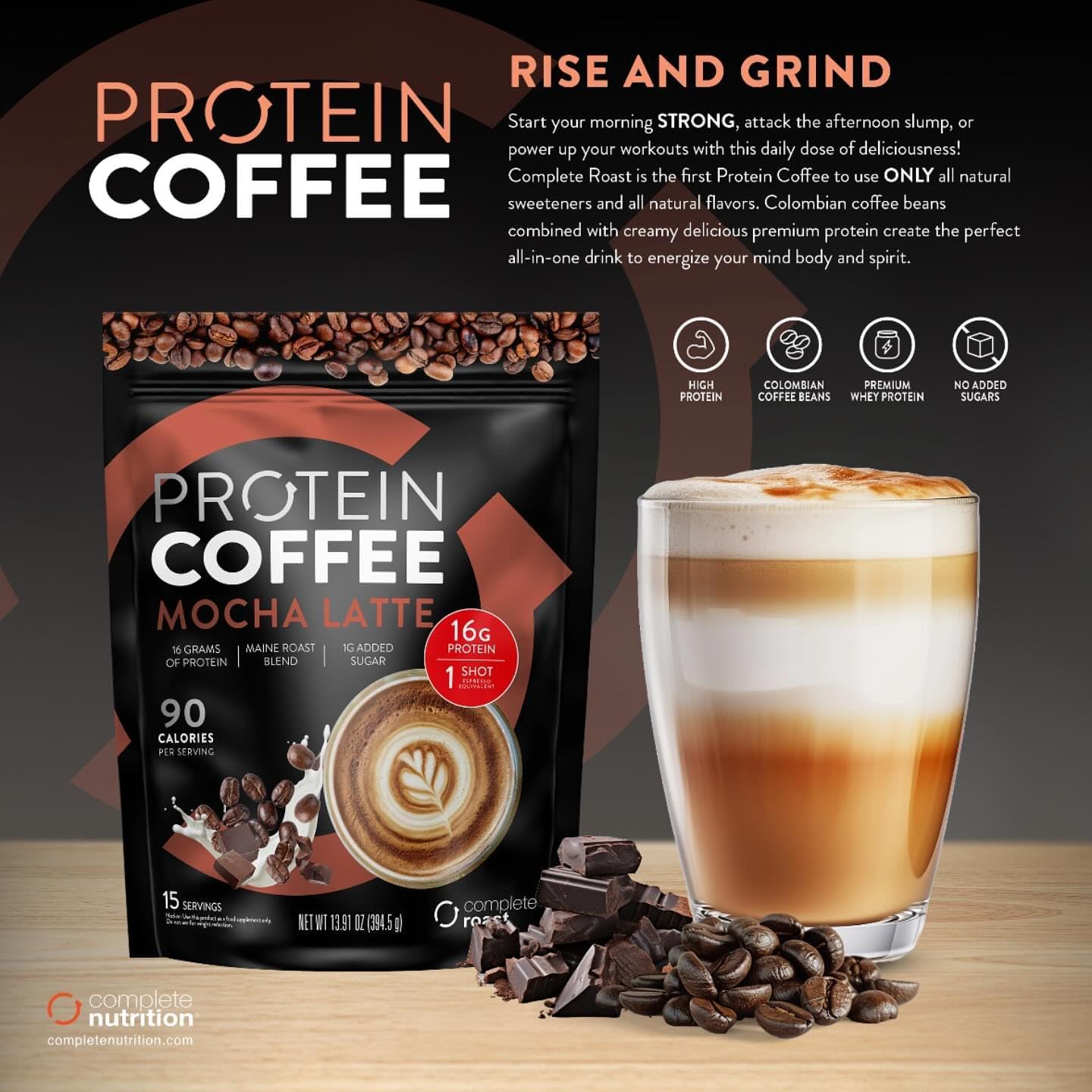 Maine Roast Blend Gourmet Protein Coffee - Mocha Latte Flavor - Complete Nutrition Blend