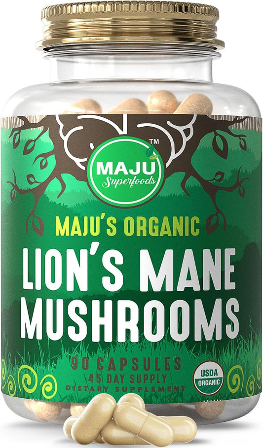 MAJU Organic Lions Mane Mushroom Capsules 90ct with Black Pepper Extract for Enhanced Absorption