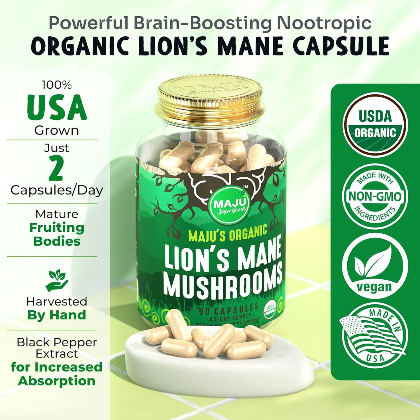 MAJU Organic Lions Mane Mushroom Capsules 90ct with Black Pepper Extract for Enhanced Absorption