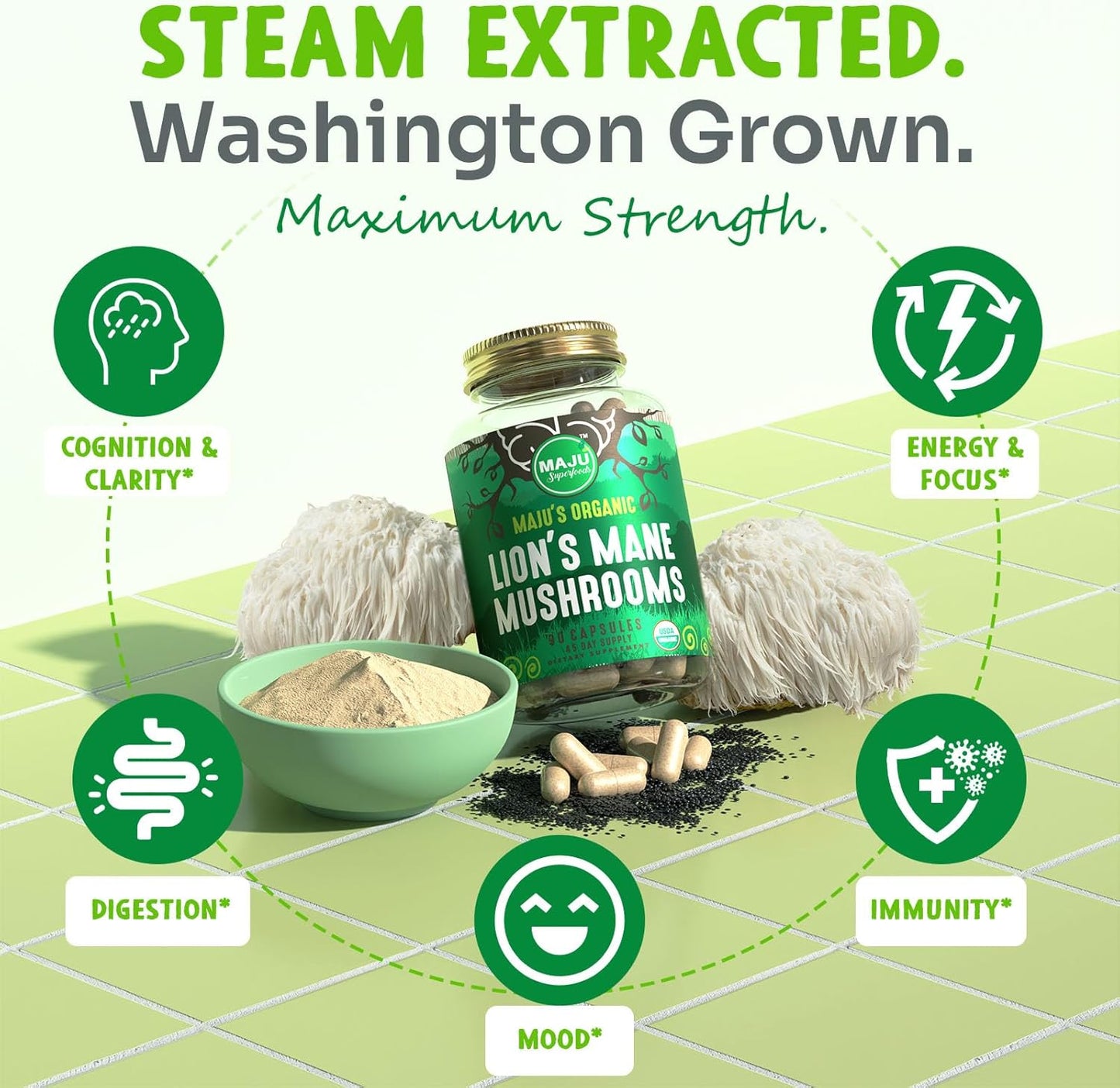 MAJU Organic Lions Mane Mushroom Capsules 90ct with Black Pepper Extract for Enhanced Absorption