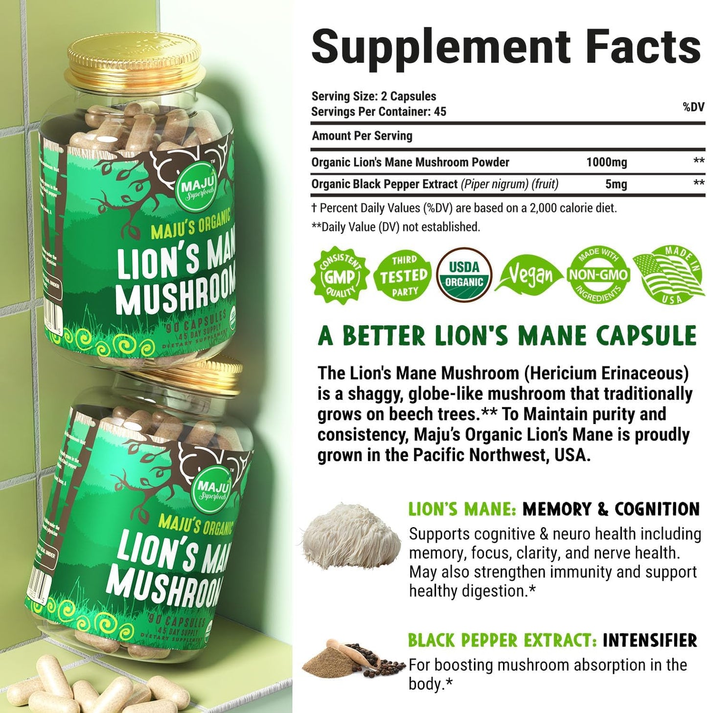 MAJU Organic Lions Mane Mushroom Capsules 90ct with Black Pepper Extract for Enhanced Absorption