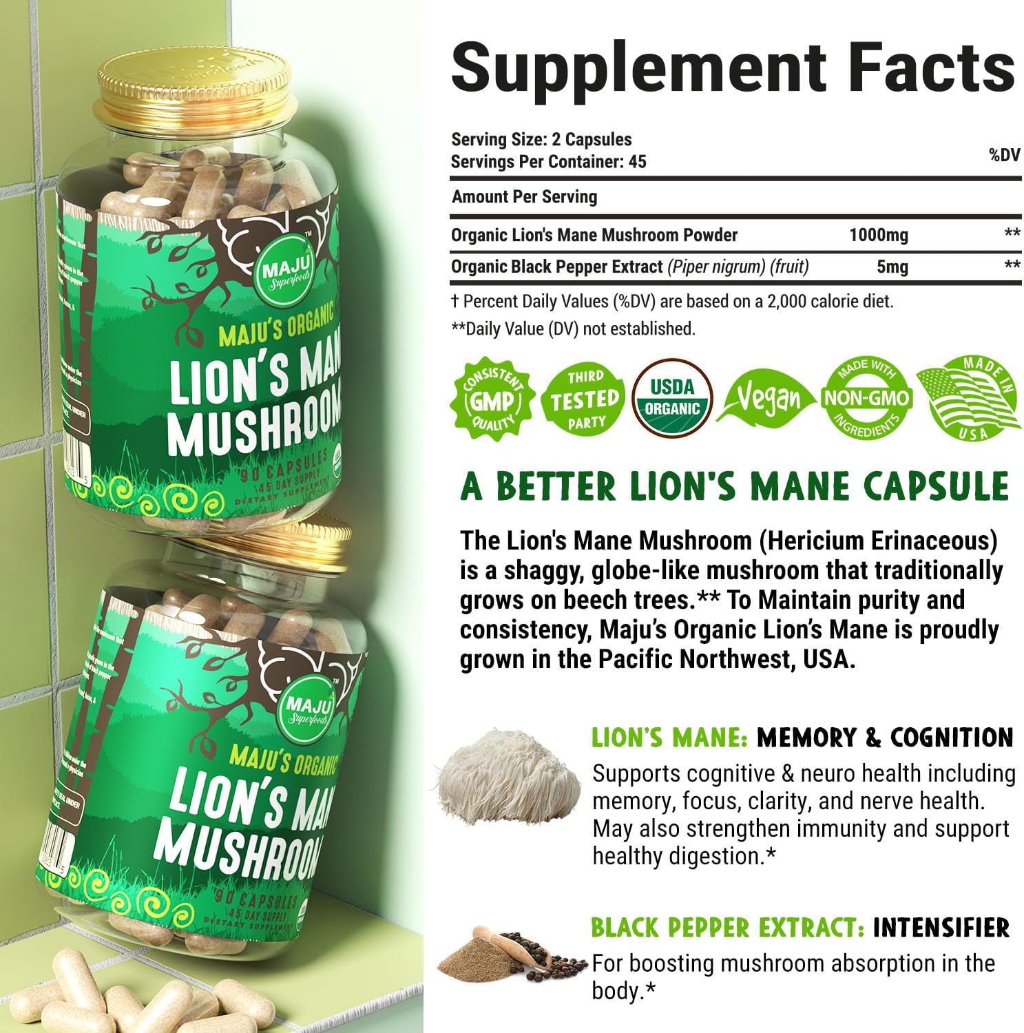 MAJU Organic Lions Mane Mushroom Capsules 90ct with Black Pepper Extract for Enhanced Absorption