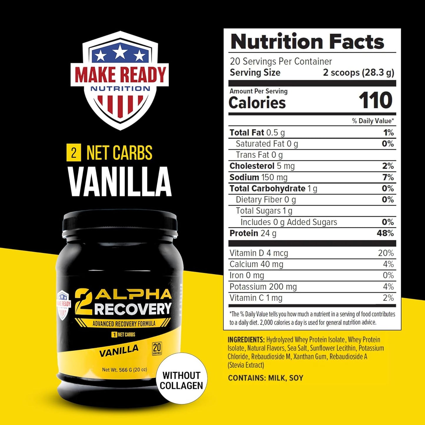 Make Ready Nutrition 2ALPHA Recovery Vanilla Protein Shake - Hydrolyzed Whey Isolate with Essential Nutrients for Shooters - 25g Protein for Muscle Recovery - 566g