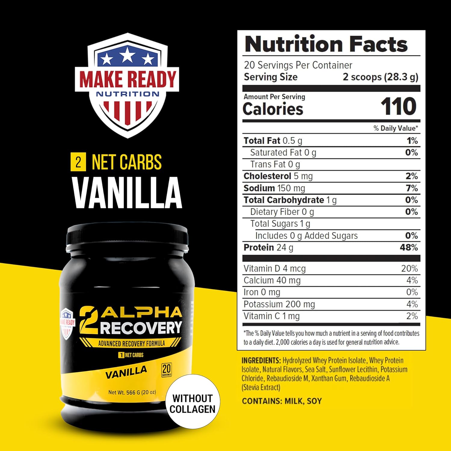 Make Ready Nutrition 2ALPHA Recovery Vanilla Protein Shake - Hydrolyzed Whey Isolate with Essential Nutrients for Shooters - 25g Protein for Muscle Recovery - 566g
