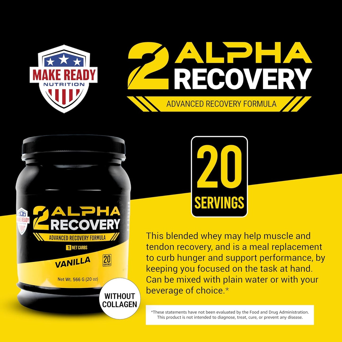 Make Ready Nutrition 2ALPHA Recovery Vanilla Protein Shake - Hydrolyzed Whey Isolate with Essential Nutrients for Shooters - 25g Protein for Muscle Recovery - 566g