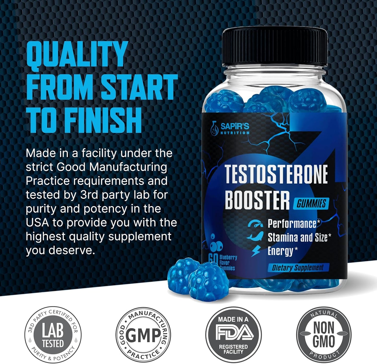 Male Enhancement Strength & Stamina Enhancer Gummies for Energy, Stamina, and Performance - Natural Blueberry Flavored Chews with 2 Inch Enlargement Support by Sapir's Nutrition