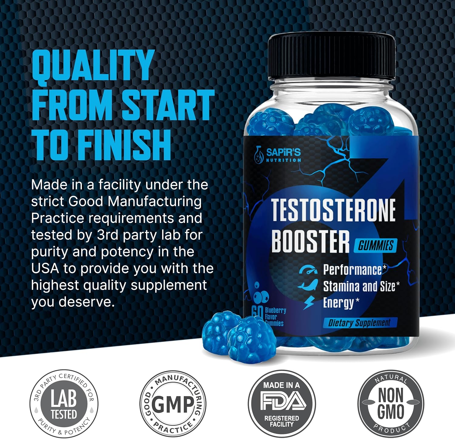 Male Enhancement Strength & Stamina Enhancer Gummies for Energy, Stamina, and Performance - Natural Blueberry Flavored Chews with 2 Inch Enlargement Support by Sapir's Nutrition