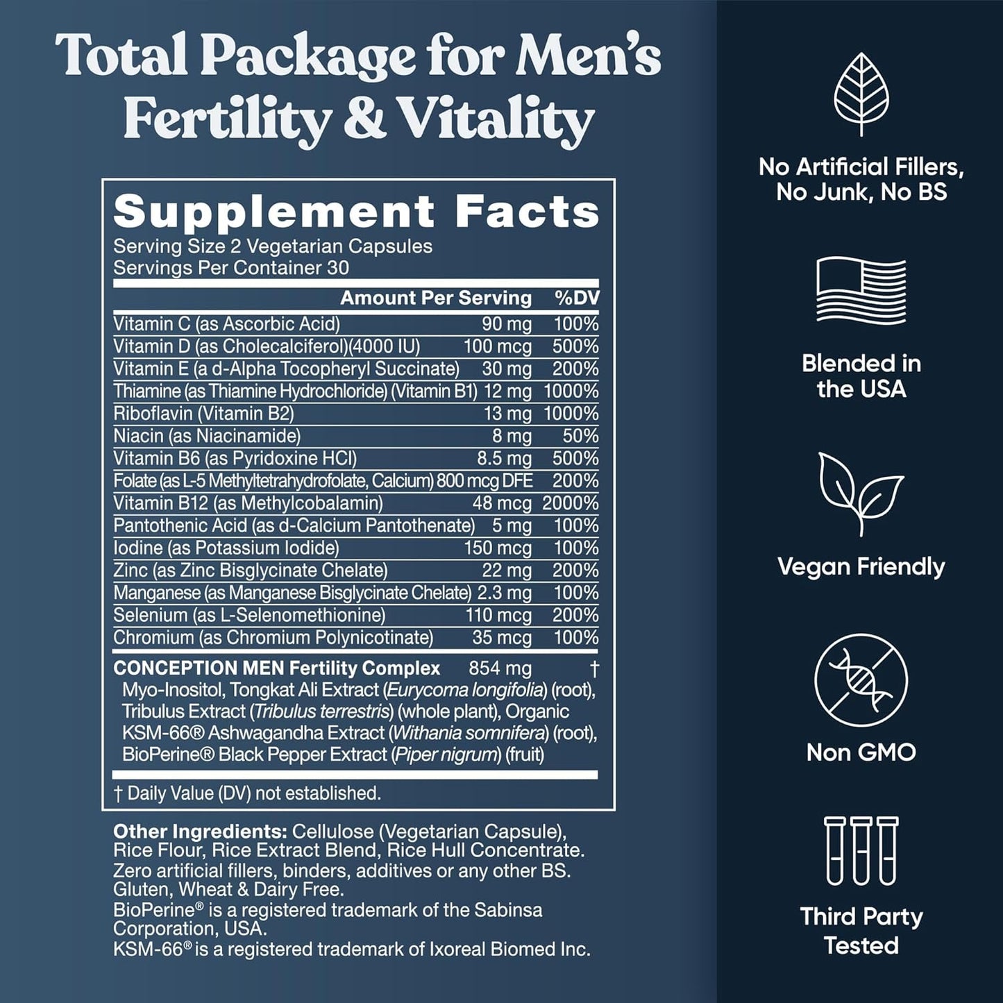 Male Fertility Booster with Ashwagandha, Folate, Magnesium & Zinc - 60 Veg Capsules by Eu Natural