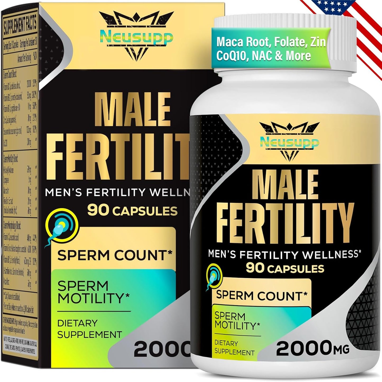 Male Fertility Supplement for Optimal Sperm Count, Motility, and Strength - 2000MG Mens Prenatal Vitamins with CoQ10, Maca Root, Zin, NAC, and Folate - 90 Capsules