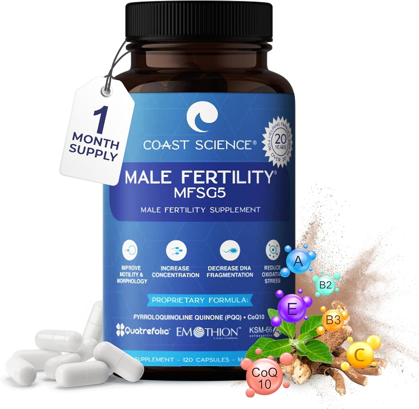 Male Fertility Supplement with CoQ10, Ashwagandha, and PQQ - Sperm Health and Count Booster - 120 Capsules