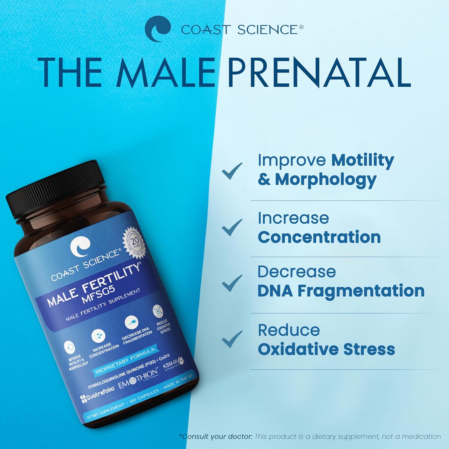 Male Fertility Supplement with CoQ10, Ashwagandha, and PQQ - Sperm Health and Count Booster - 120 Capsules