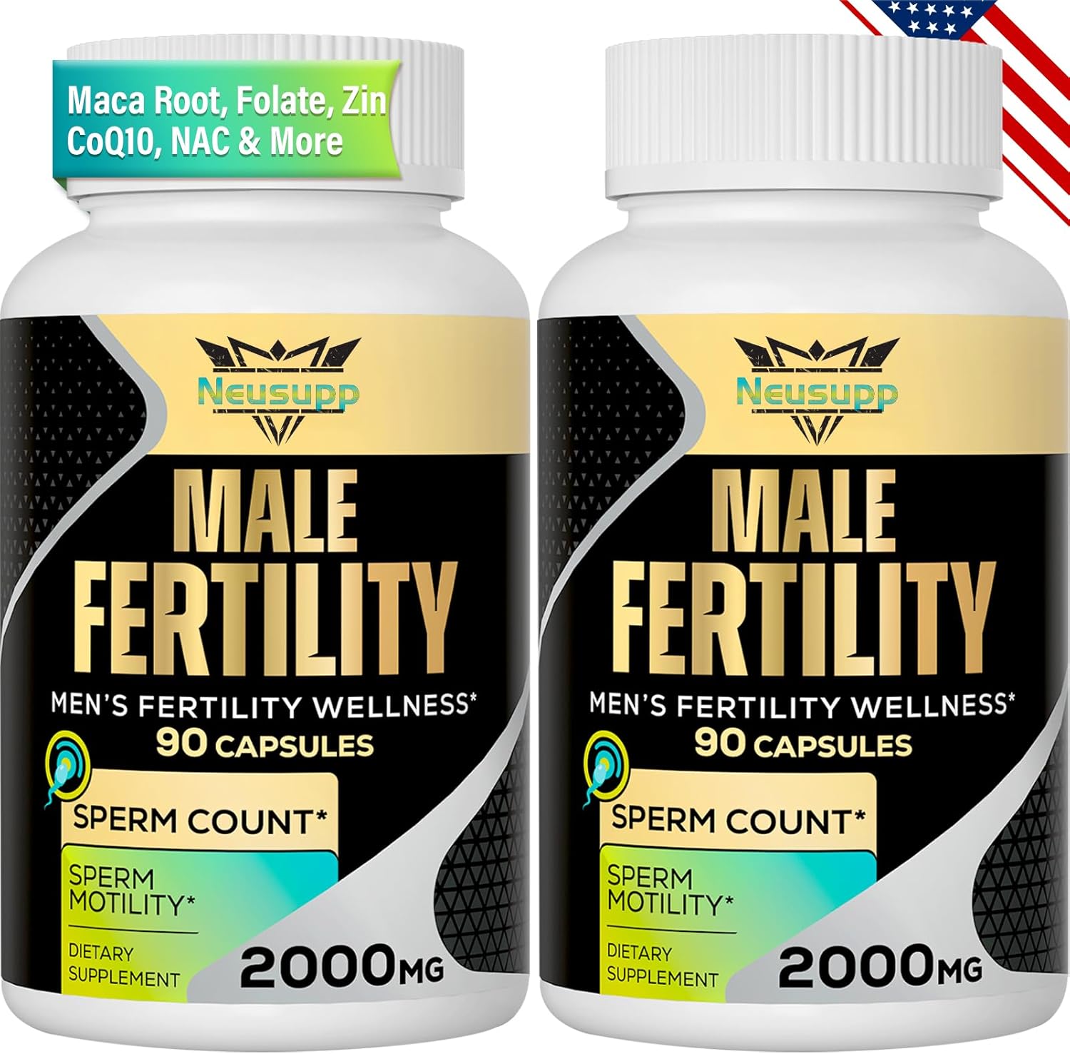 Male Fertility Supplements with Maca Root, Zinc & Folate - Boost Sperm Count & Strength, 2000MG - 2 Month Supply