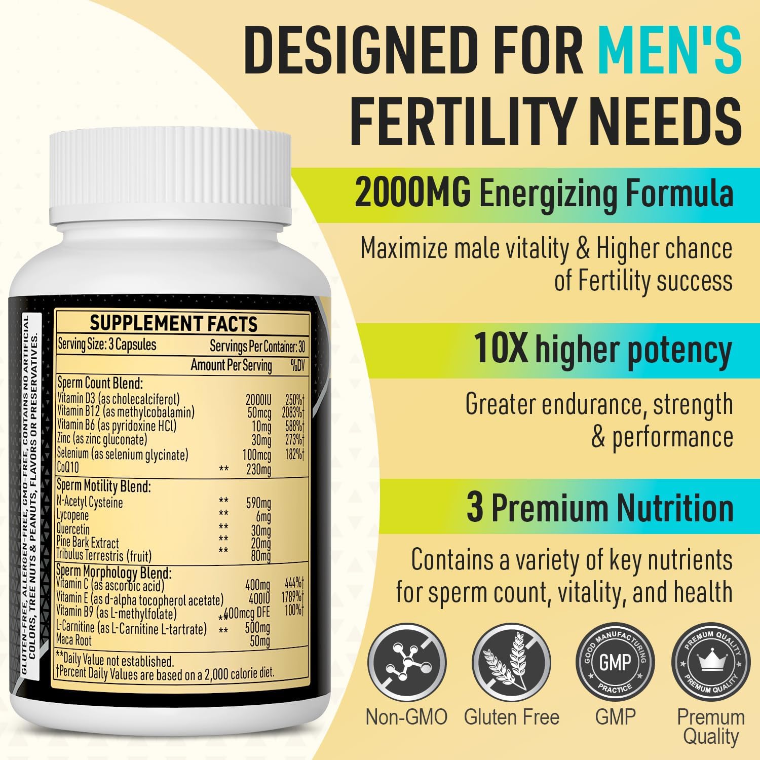 Male Fertility Supplements with Maca Root, Zinc & Folate - Boost Sperm Count & Strength, 2000MG - 2 Month Supply