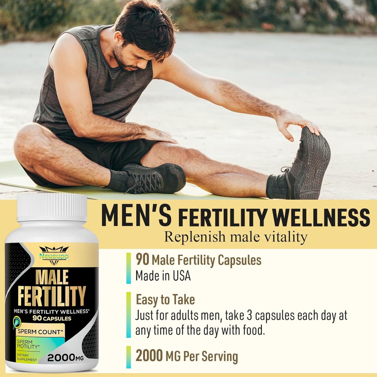 Male Fertility Supplements with Maca Root, Zinc & Folate - Boost Sperm Count & Strength, 2000MG - 2 Month Supply