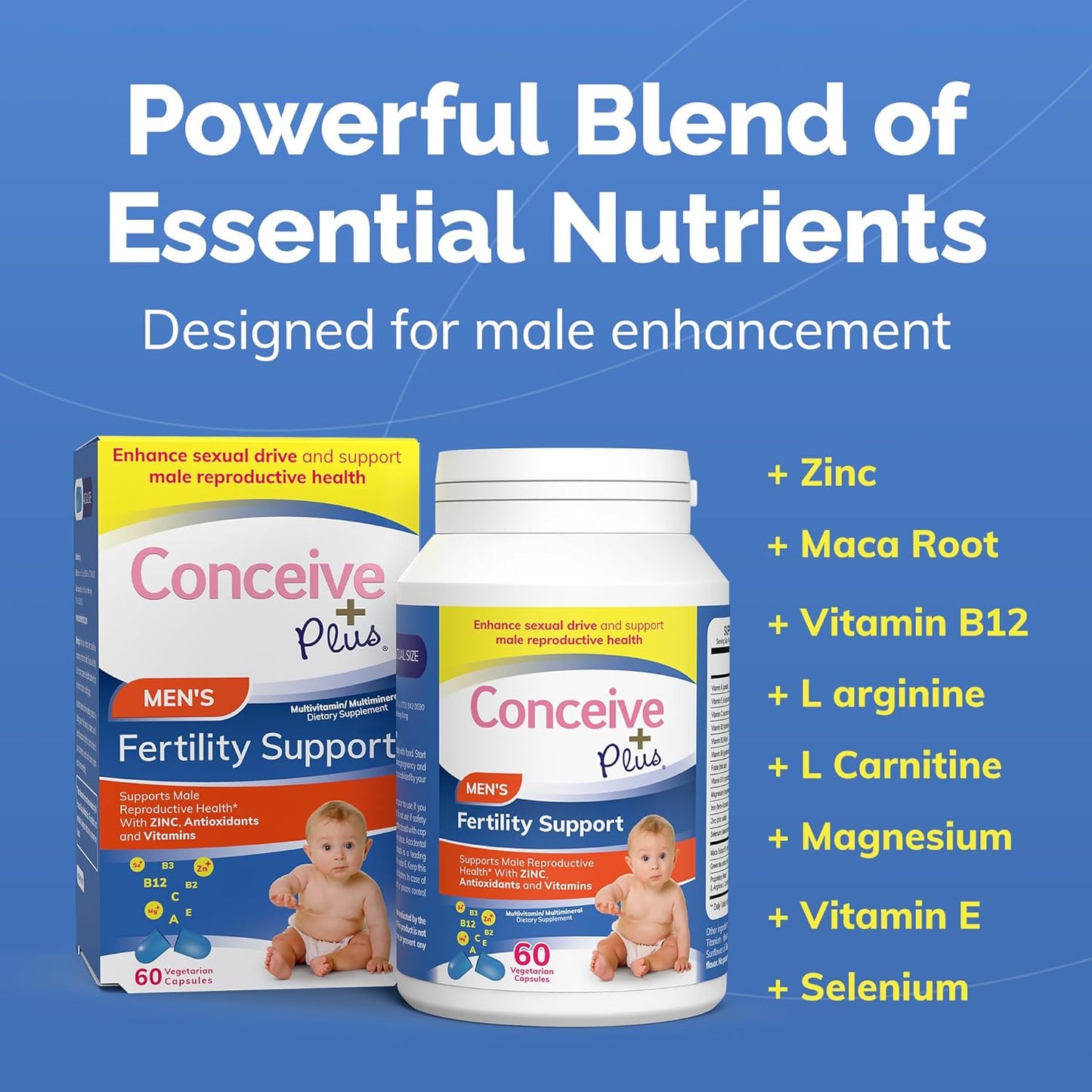 Male Fertility Support Supplements with Maca Root, L-Arginine, Zinc, Folate, Magnesium - Boost Sperm Count & Reproductive Health - 60 Capsules