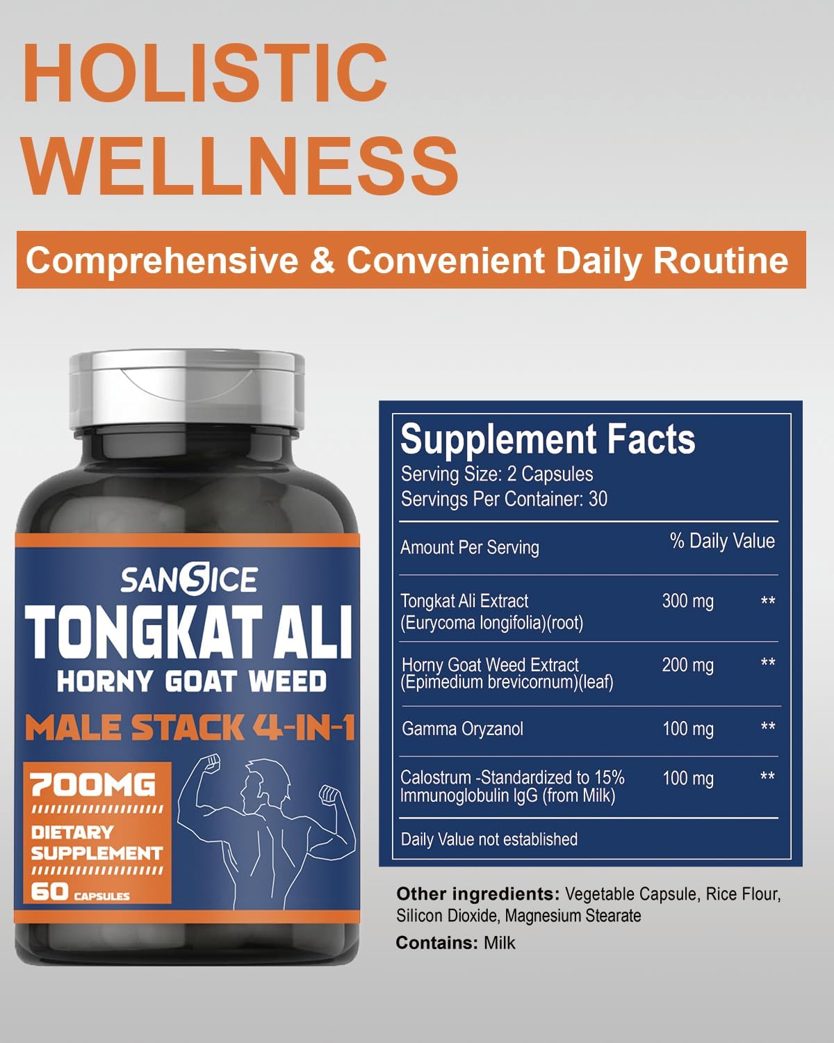 Male Vitality Supplement with Tongkat Ali, Horny Goat Weed, Oryzanol & Colostrum - Hormone, Energy, Strength - 60 Capsules