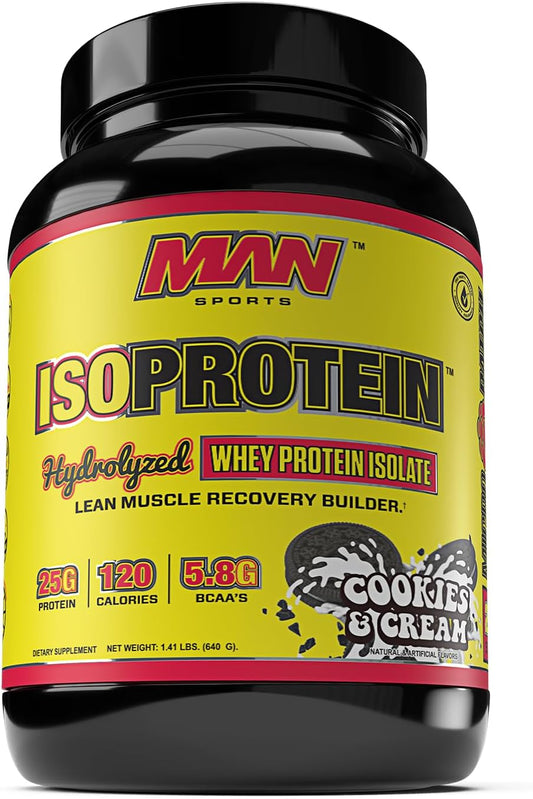 MAN Sports Sportsman ISO-Protein Hydrolyzed Whey Protein Isolate Powder, Cookies and Cream Flavor - 1.42 lbs (20 Days)