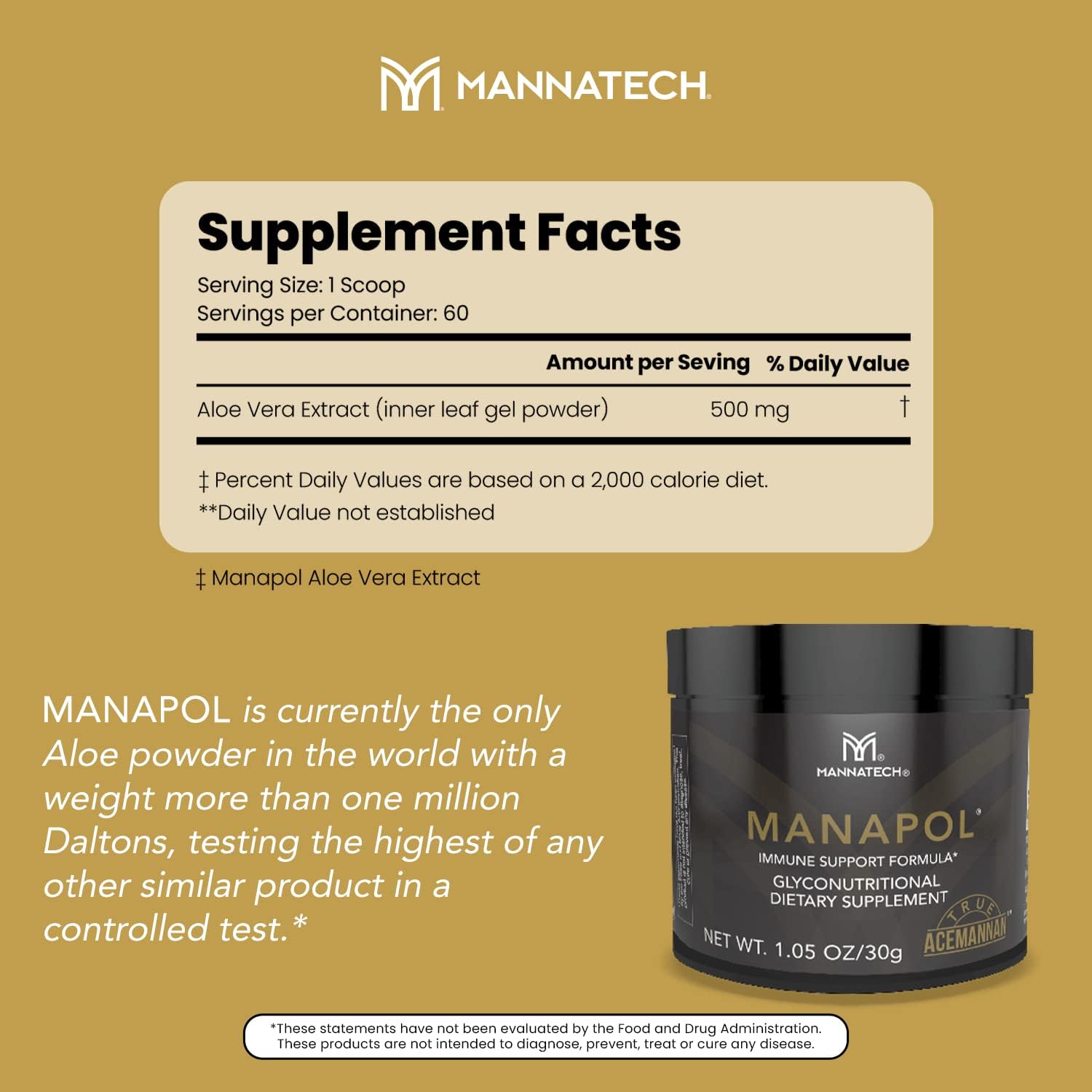 Manapol Aloe Vera Powder Prebiotic Supplement for Immune Support & Digestive Health - 1.05oz/30g