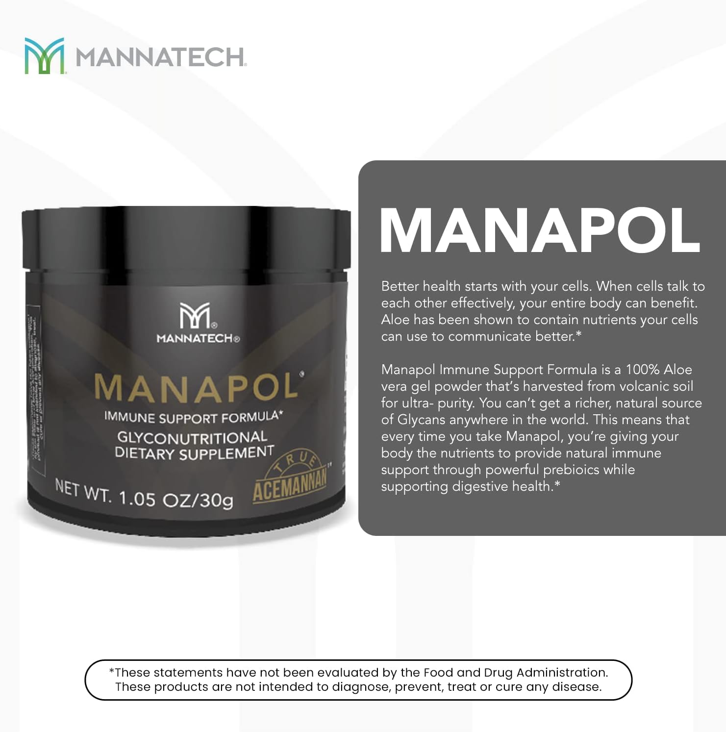 Manapol Aloe Vera Powder Prebiotic Supplement for Immune Support & Digestive Health - 1.05oz/30g