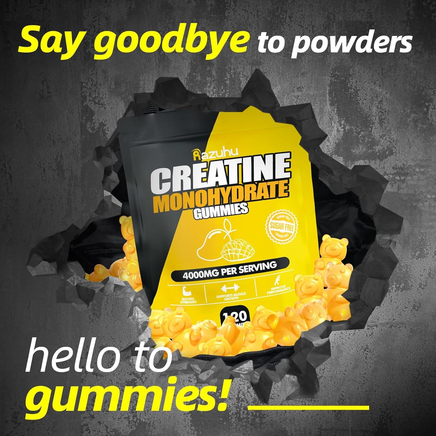 Mango Flavored Creatine Monohydrate Gummies - 4g per Serving, Vegan Pre-Workout Supplement for Men & Women - Sugar Free, 120 Count