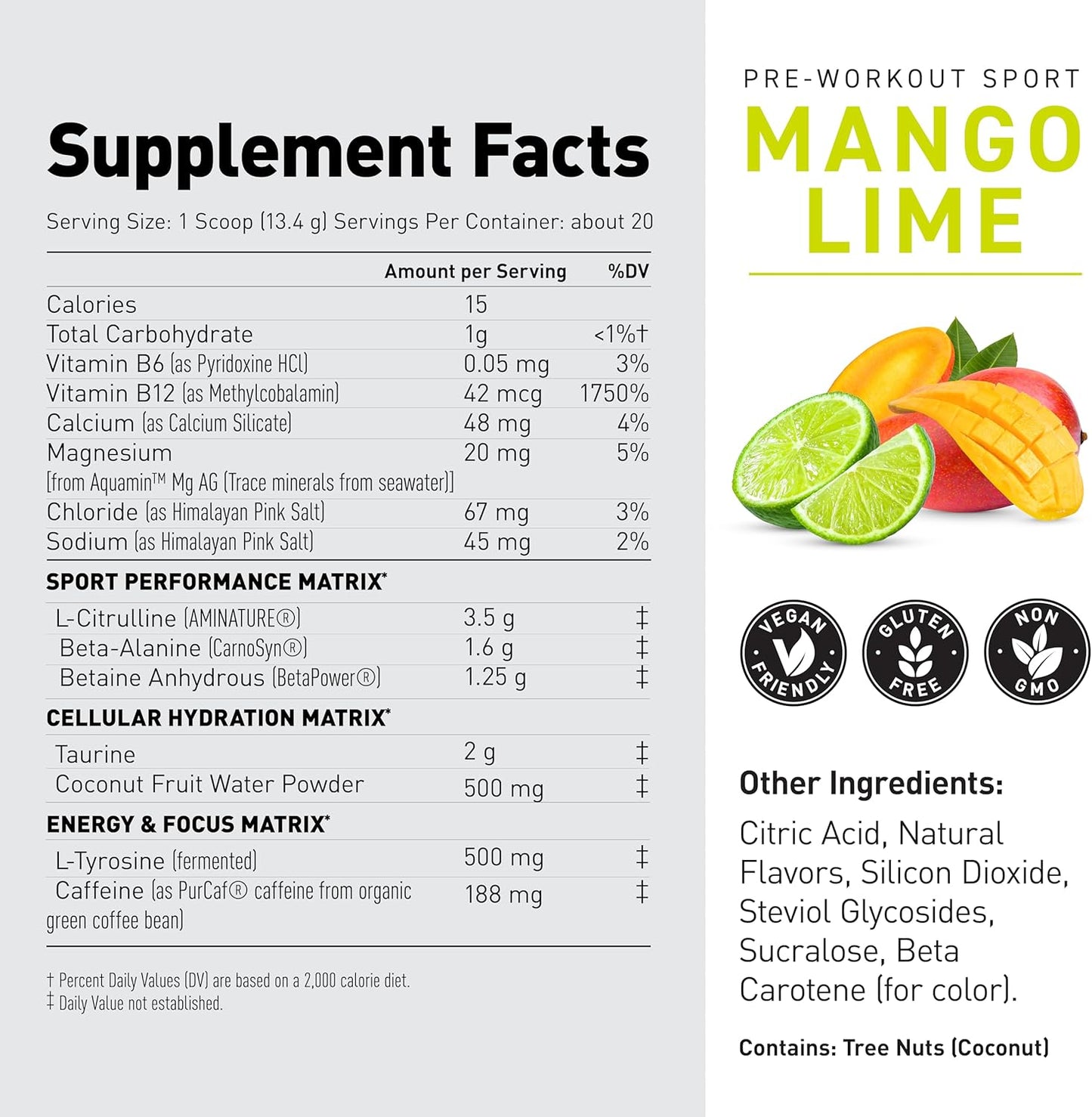 Mango Lime Pre-Workout Powder for Endurance | Energy Supplement for Cardio & Weightlifting | 20 Servings