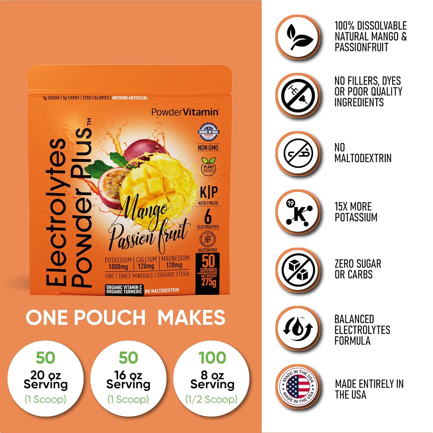 Mango Passionfruit Electrolyte Powder - Zero Calorie Keto Hydration Supplement with Potassium, Calcium, and Magnesium - 50 Servings