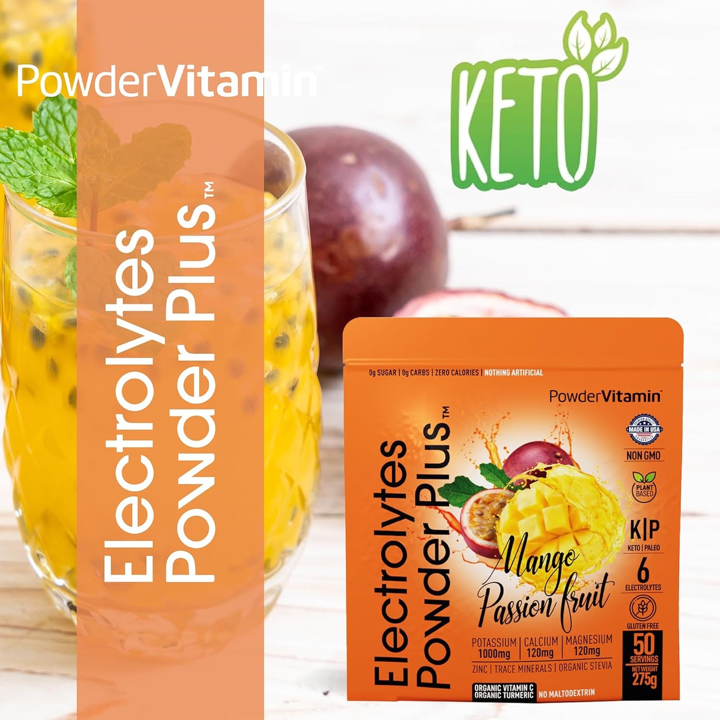 Mango Passionfruit Electrolyte Powder - Zero Calorie Keto Hydration Supplement with Potassium, Calcium, and Magnesium - 50 Servings