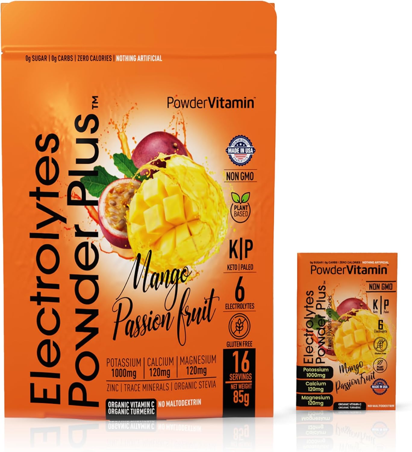 Mango Passionfruit Powder Electrolytes with Pink Himalayan Salt - Keto Friendly, Sugar Free, Non-GMO (16 Packets)