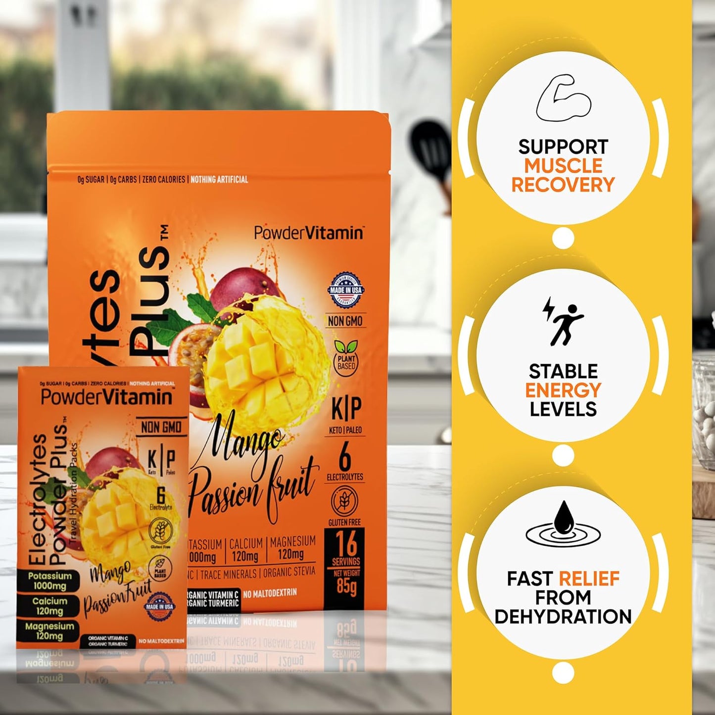 Mango Passionfruit Powder Electrolytes with Pink Himalayan Salt - Keto Friendly, Sugar Free, Non-GMO (16 Packets)