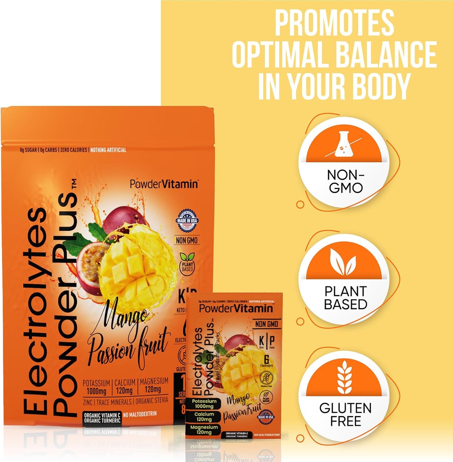 Mango Passionfruit Powder Electrolytes with Pink Himalayan Salt - Keto Friendly, Sugar Free, Non-GMO (16 Packets)