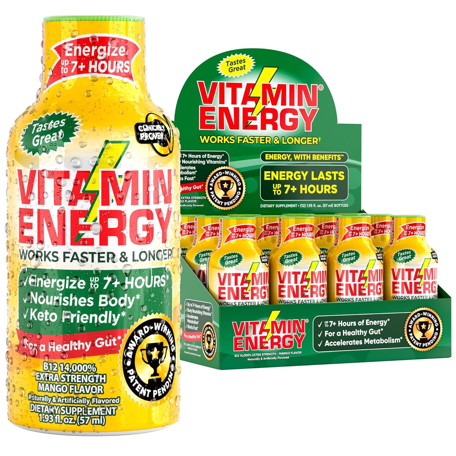 Mango Vitamin B12 Energy Shots - Natural Focus Drink, Sugar-Free, Energize 7+ Hours - Pack of 12
