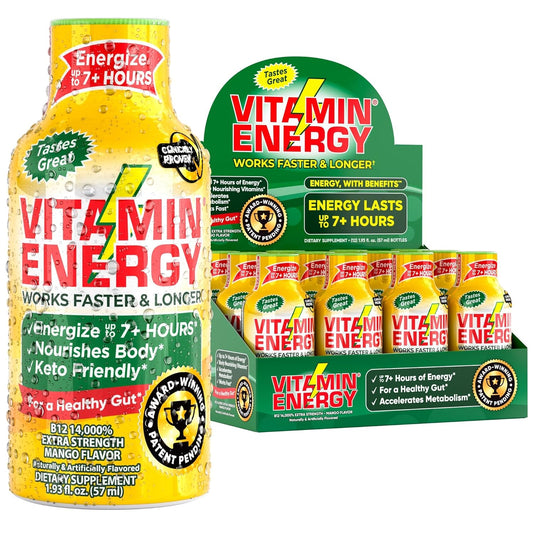 Mango Vitamin B12 Energy Shots - Natural Focus Drink, Sugar-Free, Energize 7+ Hours - Pack of 12