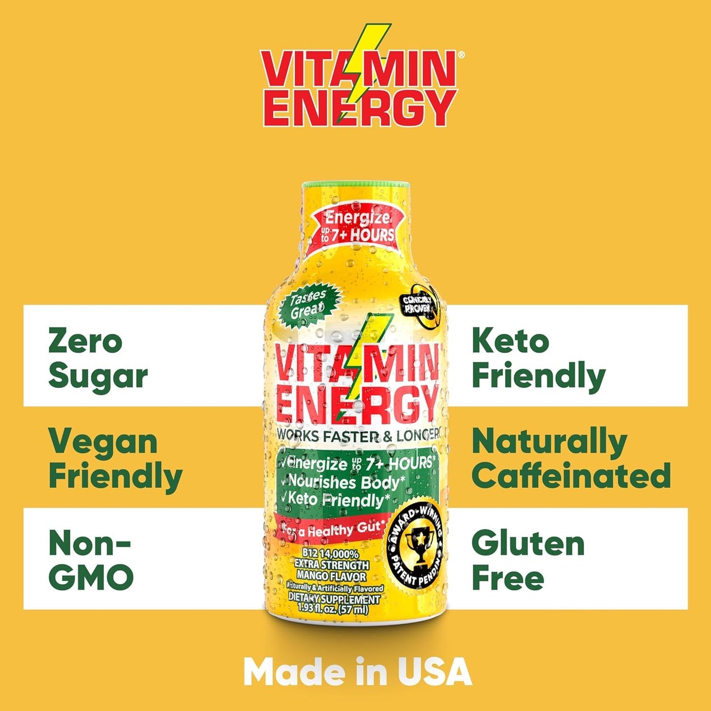 Mango Vitamin B12 Energy Shots - Natural Focus Drink, Sugar-Free, Energize 7+ Hours - Pack of 12